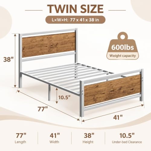 Twin Metal Bed Frame with Industrial Headboard, White Brown