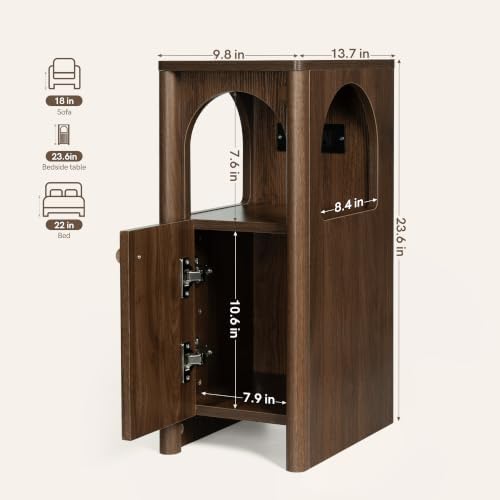 Walnut Narrow Nightstand with Charging Station, Slim Bedside Table
