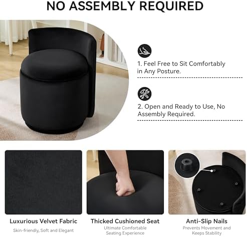 WUTUTUEE Velvet Vanity Chair with Storage, 360° Swivel Makeup Chair with Wave Back, No Assembly Small Accent Stool for Bedroom, Dressing, Living Room, Black