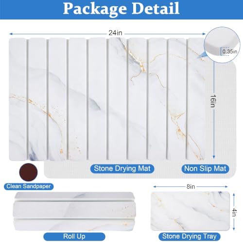 Stone Dish Drying Mat for Kitchen Counter - White Marble 24"×16" & 8"x4"