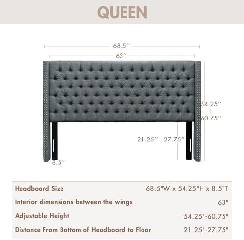 Madison Park Queen Wingback Upholstered Tufted Headboard, Featuring High-Density Sponge Padding, Adjustable Height Headboard, Easy Assembly, Dark Grey Woven