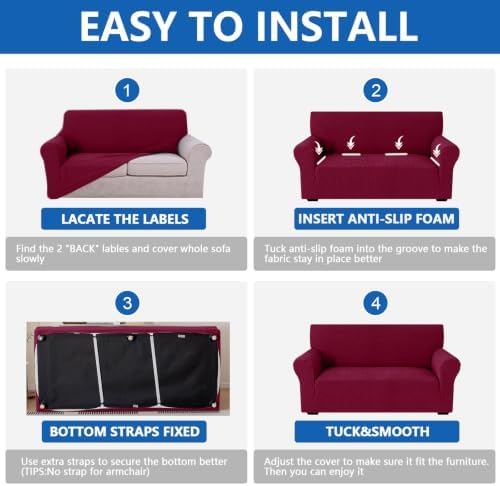 MAXIJIN Waterproof Loveseat Cover Couch Covers (55"-69"), Stretch Love Seat Sofa Slipcovers with Non Slip Elastic Bottom, Dog Pet Friendly Furniture Protector Washable (Medium, Wine Red)