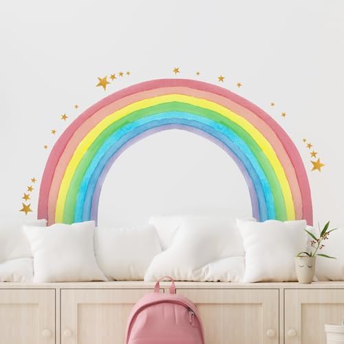 Large Rainbow Wall Decals Water Color Rainbow Stars Wall Decal DIY Vinyl Mural Art for Girls Baby Nursery Bedroom Playroom Home Decoration