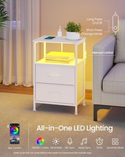 SONGMICS Nightstand with Charging Station, 2 Fabric Drawers