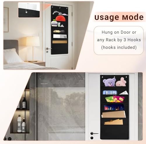 6-Pocket Hanging Wall File Organizer with 3 Hangers, Black Storage Pocket Chart for Door, Wall Folder Organizer, Perfect for Home, Office, Classroom