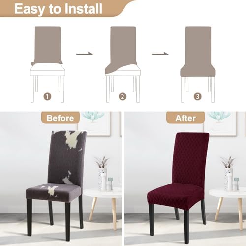 SearchI Dining Room Chair Covers Set of 6, Stretch Jacquard Parsons Chair Slipcovers Super Fit Removable Washable Kitchen Chair Protector Cover for Dining Room, Hotel, Ceremony (Wine Red)