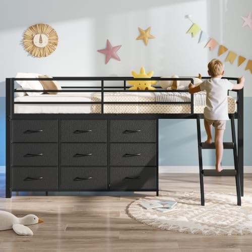 Low Loft Bed Twin Size with 9 Storage Drawers, LED Lights Loft Bed
