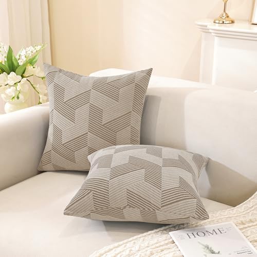 JIVINER Decorative Geometrical Throw Pillow Covers 18 x 18 Inch, Set of 2 Soft Modern Pattern Pillow Covers for Sofa, Couch, Living Room, Khaki
