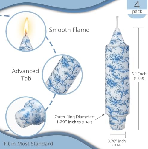 NJAO HOO Floral Taper Candles 5 Inch Short Candlesticks Hand Printed Blue and White Floral Candlesticks Unscented Tapered Candle Set for Spring Home Garden Decor, 4Pcs