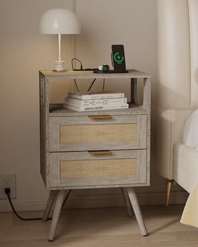 JOONEE Rattan Nightstand with Charging Station,Farmhouse Bedside Table with 2 Storage Drawer and Open Wood Shelf, for Bedroom and Small Spaces,Night Stand with Solid Wood Legs (Grey Oak-Outlet)