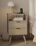 JOONEE Rattan Nightstand with Charging Station,Farmhouse Bedside Table with 2 Storage Drawer and Open Wood Shelf, for Bedroom and Small Spaces,Night Stand with Solid Wood Legs (Grey Oak-Outlet)
