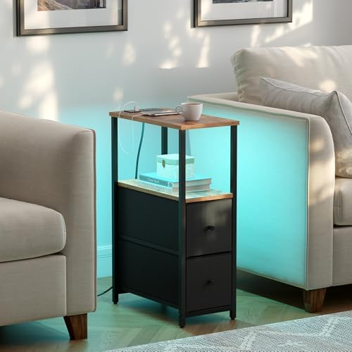 TUTOTAK Narrow LED End Table with Charging Station, Skinny Side Table
