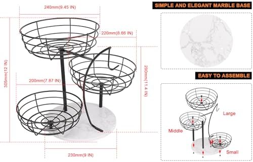 Livabber Fruit Basket Bowl with Banana Hanger, Metal Fruit Vegetable Storage Basket with Banana Holder for Kitchen Counter, Detachable Organizer for Bread Snack Produce (Black, 3-Tier Marble Base)