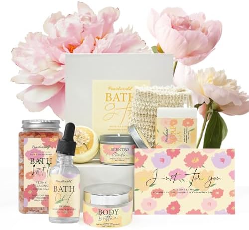 Spa Gift Set for Women, Peony 9 Pcs Bath Salts Set, Relaxation Gifts for Women, Self Care Set, Clean Moisturizing Skin, Gifts for Mom, Wife, Sister, Friend
