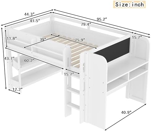 Bellemave Twin Size Low loft Bed with Desk and bookcases, Boxes and Drawers for Kids,Wood Modern Farmhouse Kids Loft Bed with Shelf, White
