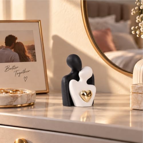 Mini Couple Statue, Ceramic Figurine for Shelf Decor, 3.15" Black and White