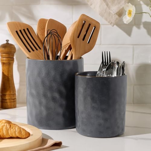 famiware Ceramic Utensil Holder, 7.2"+5.8", Set of 2, Matte Dark Charcoal