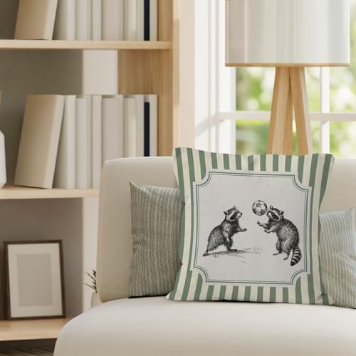 Funny Soccer Raccoon Sports Throw Pillow Cover 18x18, Sage Green Striped Raccoon Decorative Pillow Covers for Kids Boys Room Bedroom Playroom, Sports Nursery Decor Accent Pillows Cover Pillowcases