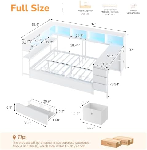 DICTAC Corner Full Bed Frame with Desk, 9 Storage Drawers and Bookcase, Full Size Platform Bed Frame with Charging Station and LED Lights, Modern Daybed for Kids/Teen with Storage, Space-Saving, White