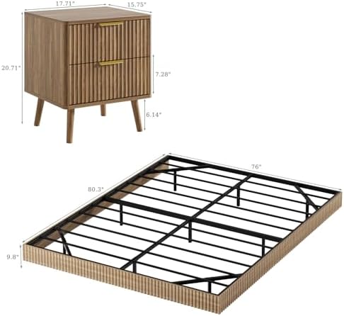 LYNSOM 3 Pieces King Bedroom Set, Floating Bed Frame with Smart LED Lights & Nightstand Set of 2, Fluted Bedroom Furniture Set for Home, Bedroom, Walnut