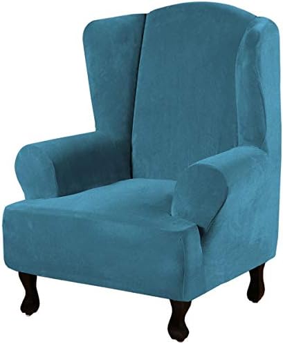 H.VERSAILTEX Wingback Chair Covers Velvet Plush Wing Chair Slipcover 1 Piece High Stretch Wing Back Chair Slipcovers Sofa Cover Furniture Cover with Elastic Bottom, Peacock Blue