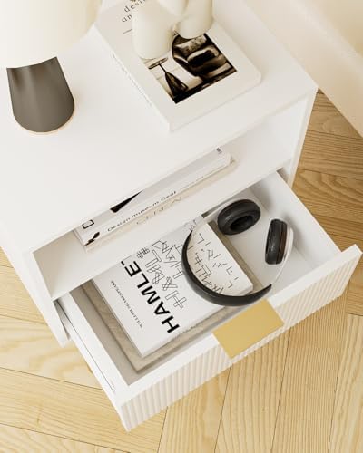 Aienvey Nightstand with One Drawer, White Stripe Night Stand and Gold Frame