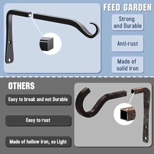 FEED GARDEN Heavy Duty Plant Hooks - 2 Pack 8 Inch Wall Mounted Hanging Brackets, 44lb Capacity Steel Plant Hangers for Bird Feeders, Baskets, Wind Chimes Outdoor Indoor- Black
