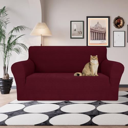 JIVINER Stretch Loveseat Slipcovers 1 Piece Love Seat Sofa Cover Spandex 2 Seater Couch Covers Universal Furniture Protector with Elastic Bottom (Medium, Wine Red Rhomb)