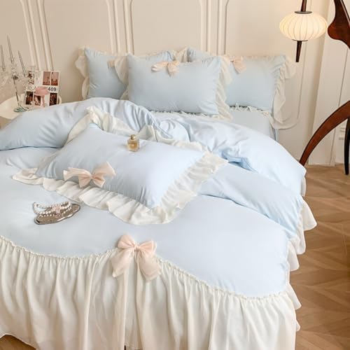 SOUKECHY Chic Lace Bedding,Girls Twin Aesthetic Comforter Cover Set,Romantic French Princess Style Ruffled Duvet Cover with Lovely Bow with Zipper Closure-Blue,Twin