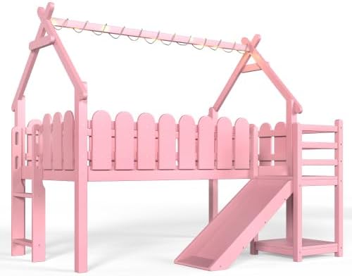 Bellemave Low Loft Bed Twin with Slide and Lights Strip for Kids, Pink