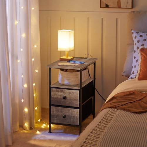 HOOBRO End Table with Charging Station, Narrow Side Table, Nightstand with 2 Non-Woven Drawers, Slim Sofa Side Table, for Small Spaces, Living Room, Bedroom, Greige and Black BG486UBZ01