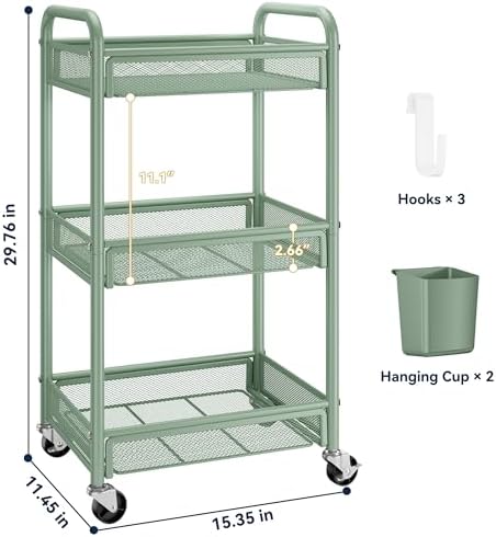 YASONIC 3 Tier Metal Rolling Cart, Green Utility Storage Cart with Wheels