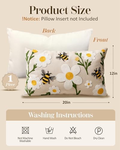 Embroidered Lumbar Pillow Cover 20x12 Inch, Flower Bee