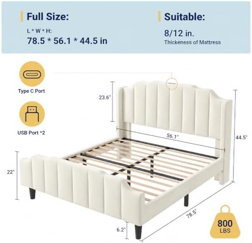 Allewie Vintage Full Size Velvet Platform Bed Frame, Cream White