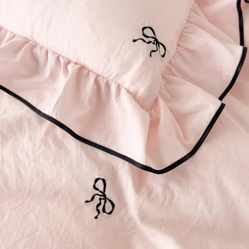 Bow Twin Bed Duvet Cover Pink Embroidered Twin Comforter Cover Ruffle Boho Washed Brushed Microfiber Farmhouse Duvet Cover Set with 2 Pillow Cases Zipper Bedding Set Coquette Duvet Protector