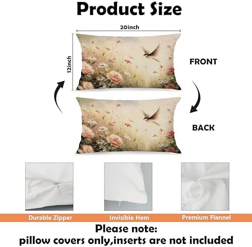 Vintage Spring Floral Bird Lumbar Pillow Cover 12x20 Double-Sided, Cottagecore Room Home Decor, Pastel Pink Rose Wildflower Decorative Throw Pillow Cover for Living Room Home Bedroom