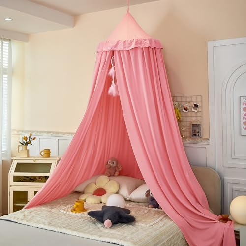 Princess Bed Canopy for Kids, Soft and Durable Dreamy Mosquito Net Bedding, Girls Room Tent, Children Reading Nook Indoor Decor (Coral Pink)