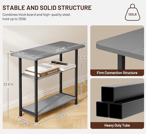 SLEEPING LAMB Side Table for Living Room, 3-Tier End Table for Small Space with Wide Storage Tabletop, Narrow Nightstand for Bedroom, Sofa Couch, Grey