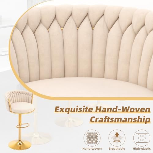 Gold Bar Stools Set of 6, Modern Adjustable Bar Height Barstools, Velvet Swivel Bar Chairs with Woven Backrest, Metal Footrest & Base, Upholstered Counter Stools for Kitchen Island, Beige