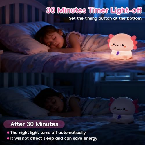 Axolotl Night Light for Kids, Rechargeable Lamp with Timer, Cute Room Decor