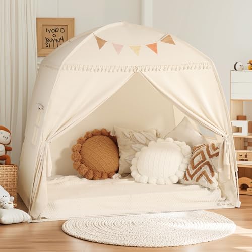 Sumbababy Large Teepee Tent for Kids - Tent for Kids Indoor Kids Teepee for Boys & Girls - Playhouse Inside Canopy Bed for Playroom Gift Toys (Cream)
