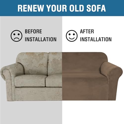 H.VERSAILTEX Stretch Velvet Loveseat Covers for 2 Cushion Couch Covers for Living Room Sofa Covers Slipcovers with Non Slip Straps Bottom, Ultra Thick Comfy Velour (Width 58"-72", Coco Mocha)