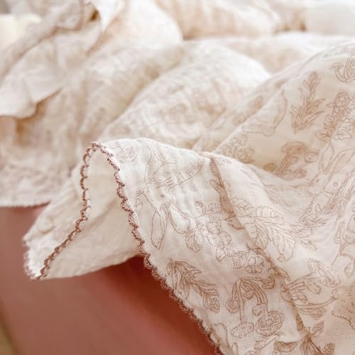 Forest Rabbit Print Muslin Duvet Cover Twin with Ruffles, No Pillow