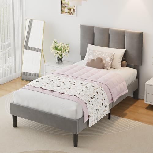 VECELO Twin Size Bed Frame with Upholstered Headboard, Dark Grey