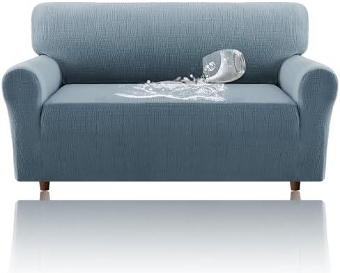 H.VERSAILTEX Jacquard Sofa Slipcover with Waterproof Seat Furniture Protector 1 Piece Stretch Sofa Covers with Elastic Bottom for Kids, Pets, Dog(Loveseat, Stone Blue)