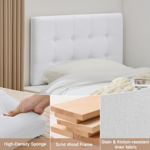 Linen Tufted Headboard Twin Size, Solid Wood Twin Headboard Only, White