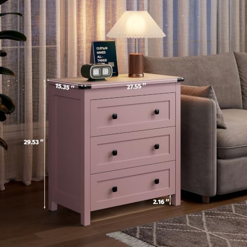 Farmhouse Nightstand with 3 Drawers, Wood Bedside Table, Pink