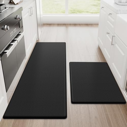 StepRite Kitchen Mats for Floor, 2-Piece Anti-Fatigue Kitchen Rugs, Black