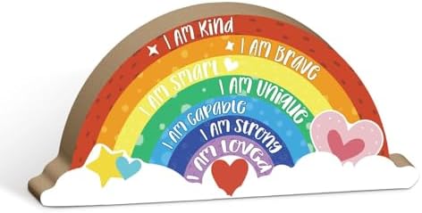 Putuo Decor Inspirational Nursery Decor, Boho Rainbow Wooden Tabletop Decor, Positive Affirmations Wooden Ornament for Room Classroom Shelf Desk Home Space