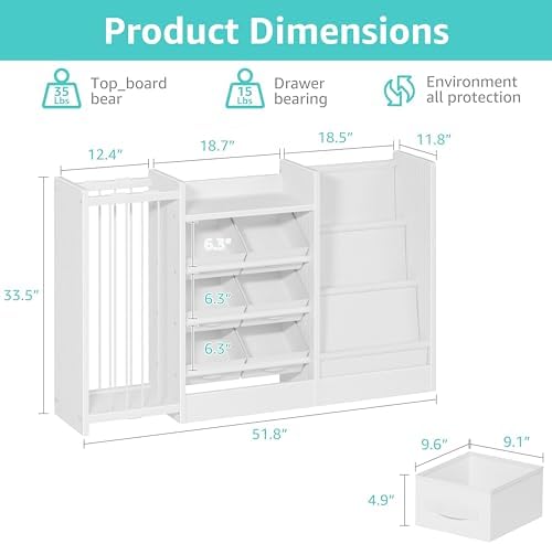 BOLUO Kids Toy Storage Organizer with Bookshelf, 3-in-1 Kid Book and Toy Storage Holder Shelves for Baby Toddler Playroom Living Room White